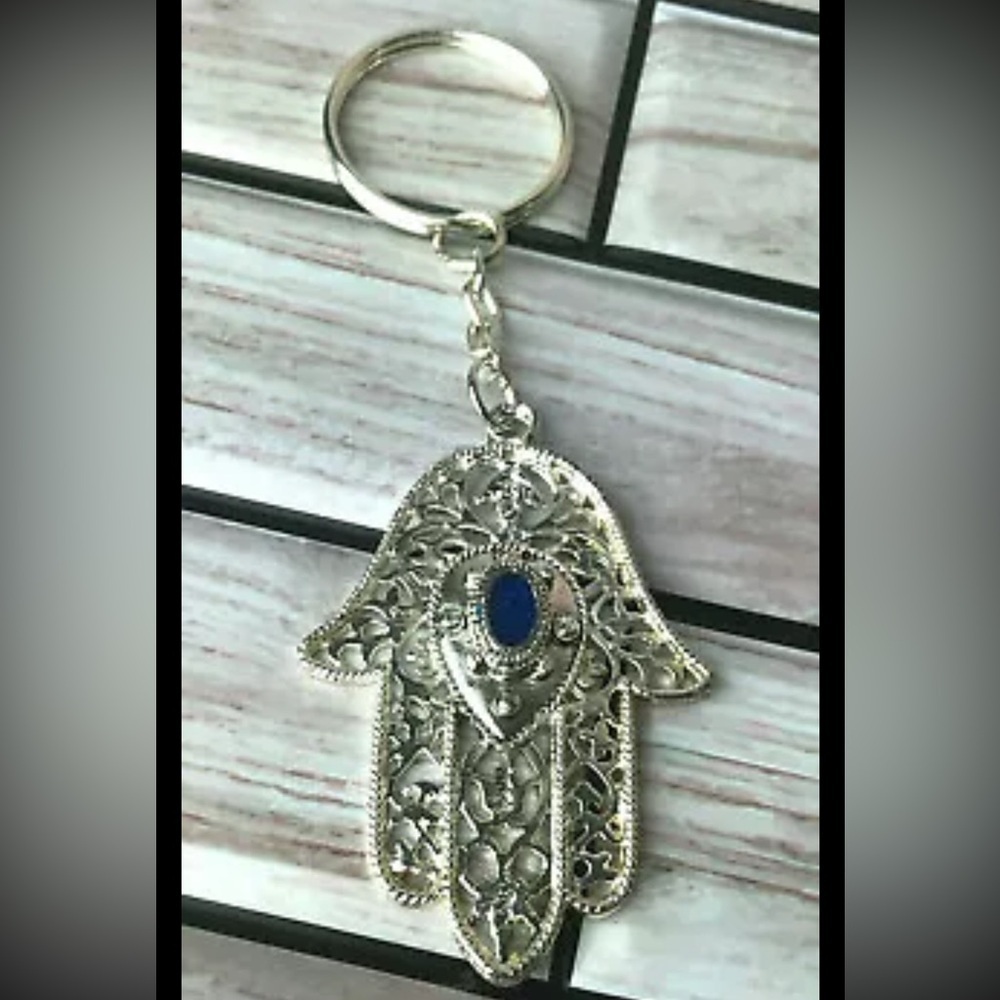 Hamsa Keychain Metal Hand Silver Tone Travel Souvenir Blue Accent New